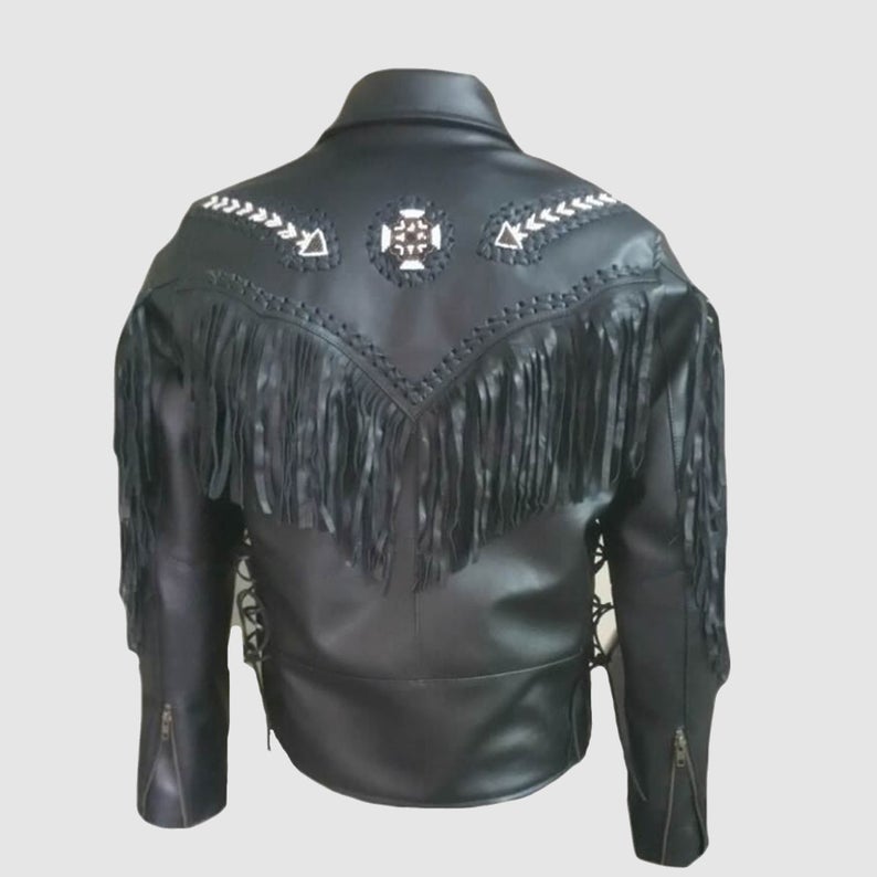 Men's Western Black Leather Biker Fringe Beaded Jacket MW845