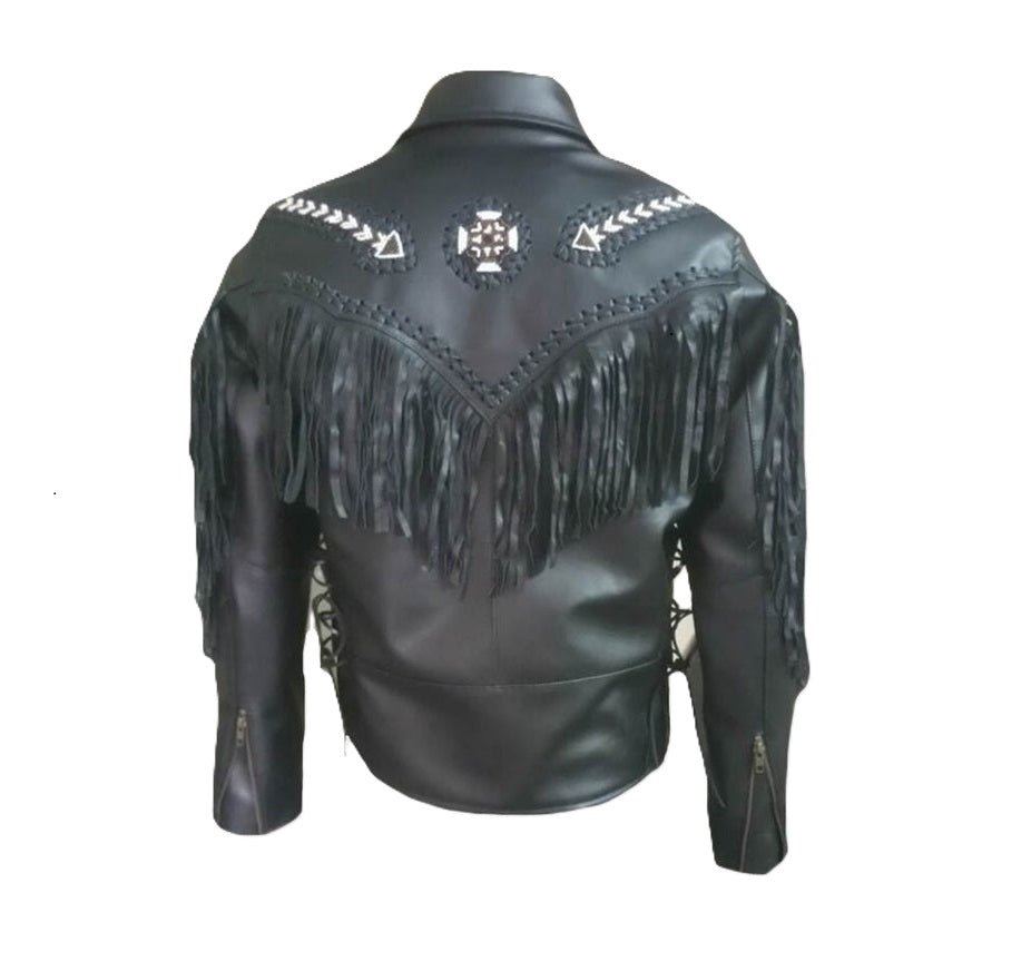 Men's Western Black Leather Biker Fringe Beaded Jacket MW845