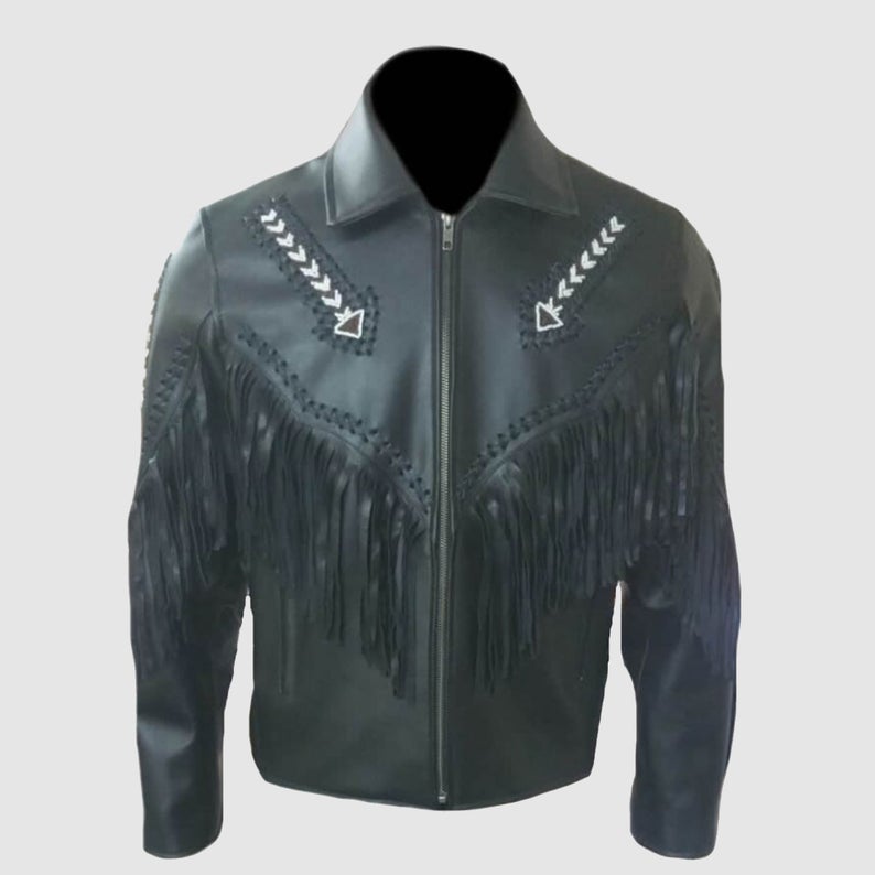 Men's Western Black Leather Biker Fringe Beaded Jacket MW845