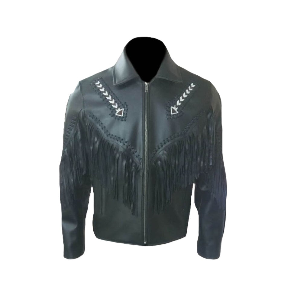 Men's Western Black Leather Biker Fringe Beaded Jacket MW845