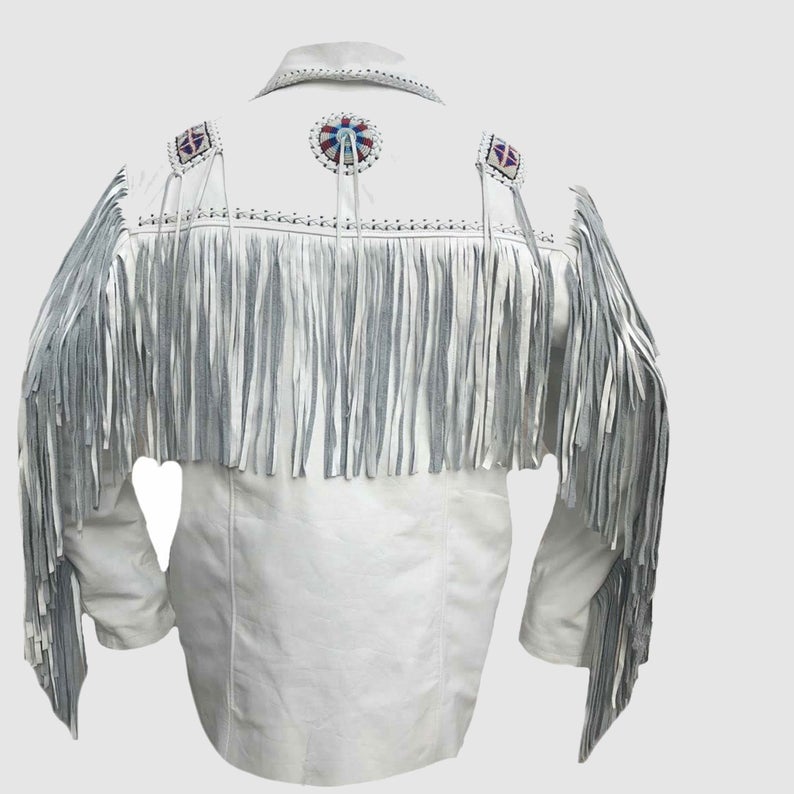 Men's Western White Buckskin Leather Fringe Beaded Jacket MW842