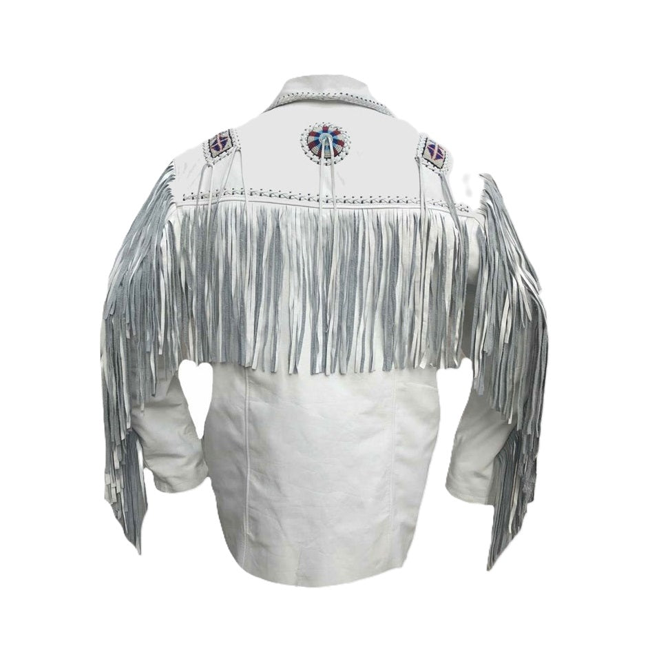 Men's Western White Buckskin Leather Fringe Beaded Jacket MW842