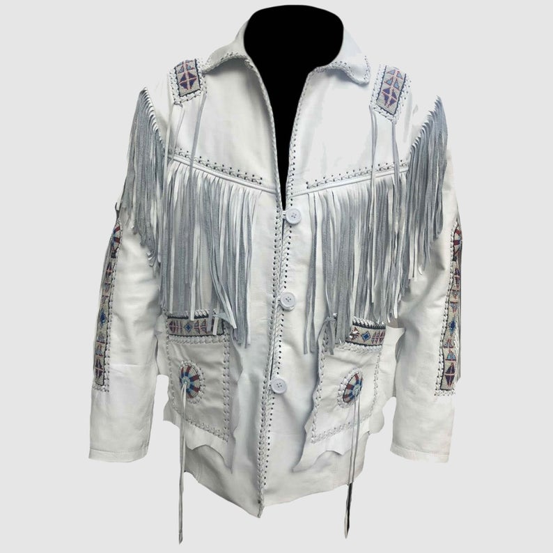 Men's Western White Buckskin Leather Fringe Beaded Jacket MW842