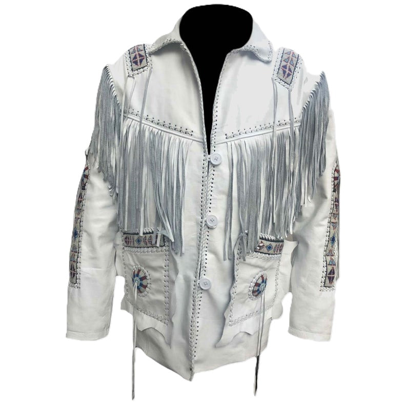 Men's Western White Buckskin Leather Fringe Beaded Jacket MW842