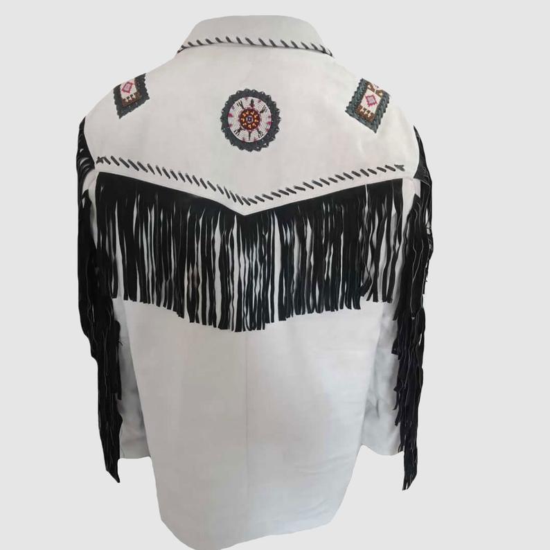 Men's Western White Leather Jacket Fringe Beaded MW843