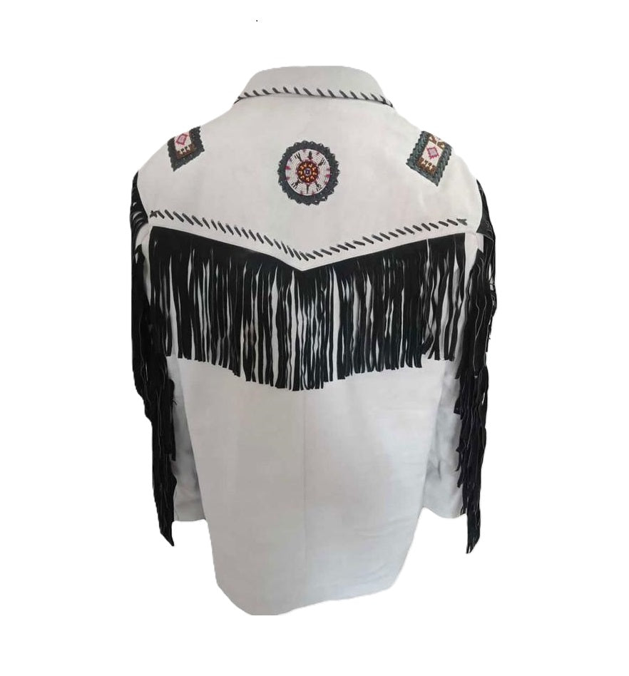 Men's Western White Leather Jacket Fringe Beaded MW843