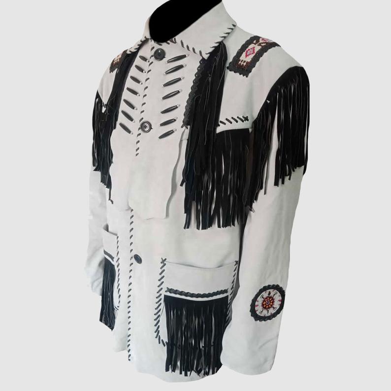 Men's Western White Leather Jacket Fringe Beaded MW843