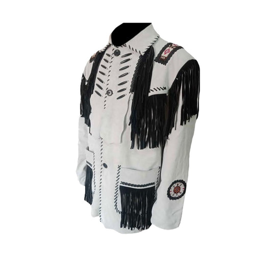 Men's Western White Leather Jacket Fringe Beaded MW843