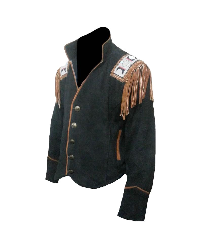 Western Men's Black Suede Leather Fringe Beaded Jacket WMJ841