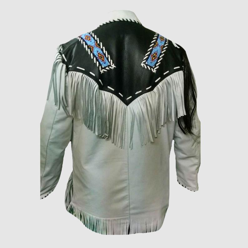 Men's Western White Leather Native American Fringe Beaded Jacket MW844