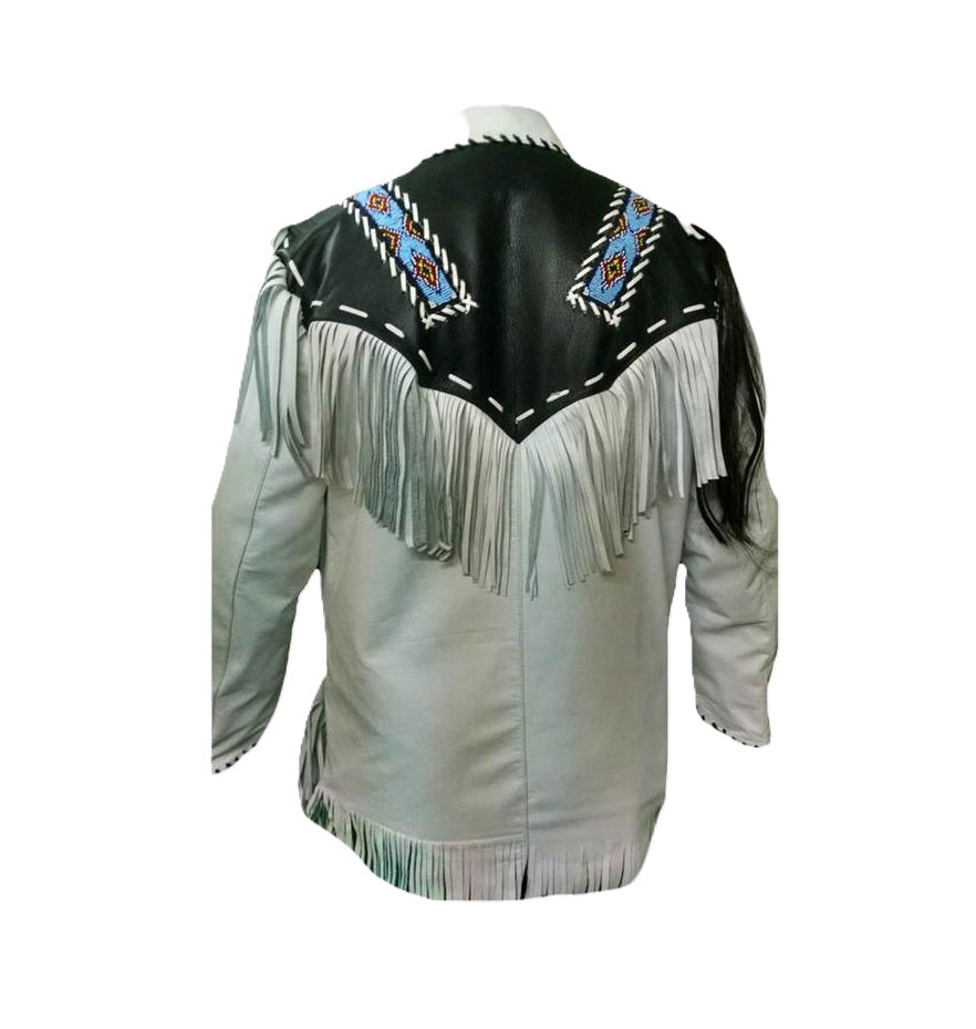 Men's Western White Leather Native American Fringe Beaded Jacket MW844