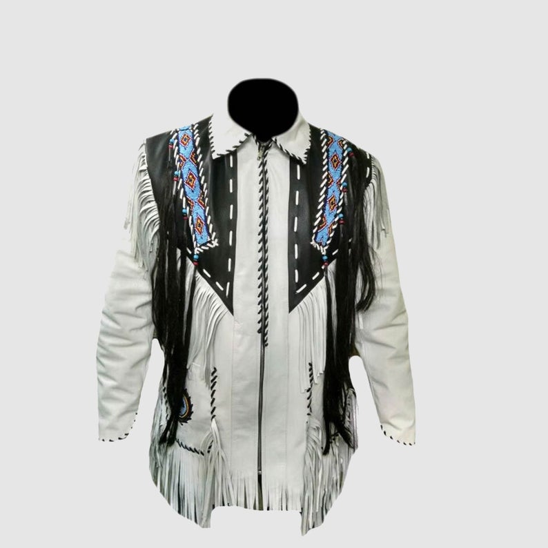 Men's Western White Leather Native American Fringe Beaded Jacket MW844