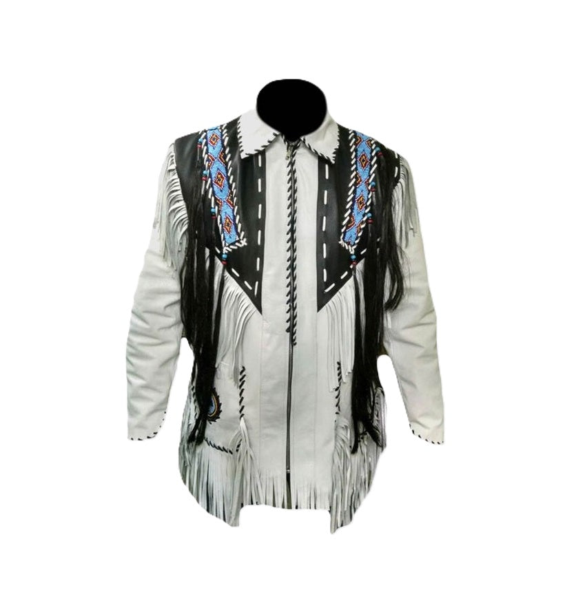 Men's Western White Leather Native American Fringe Beaded Jacket MW844