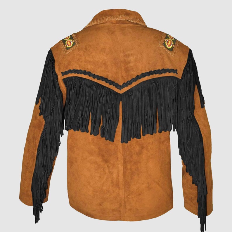 Men's Western Brown Suede Leather Fringes Bones Beaded Jacket MW839