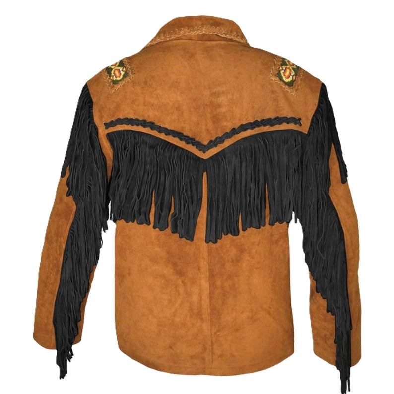 Men's Western Brown Suede Leather Fringes Bones Beaded Jacket MW839