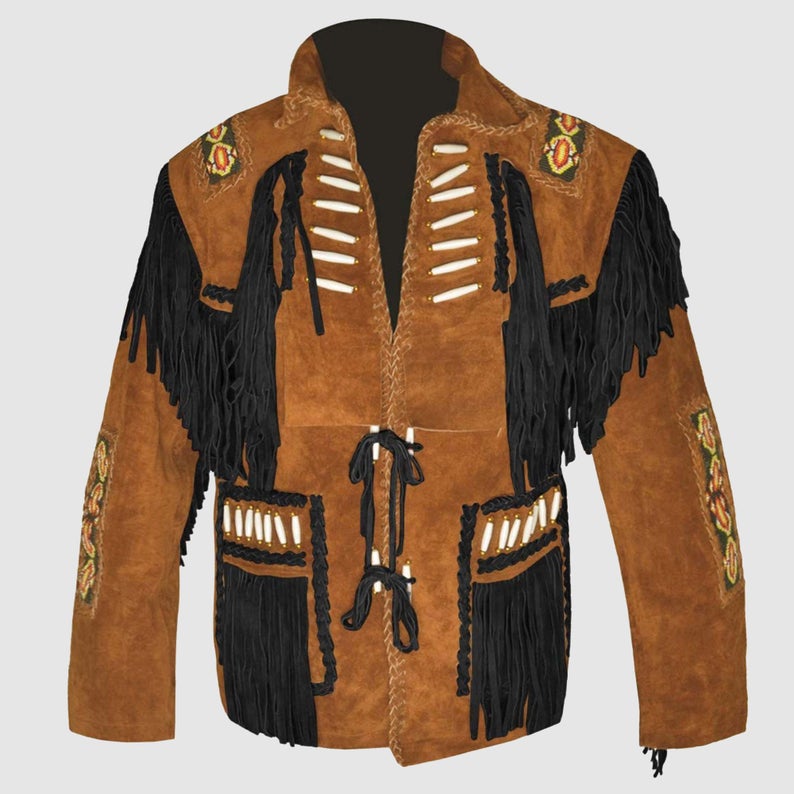 Men's Western Brown Suede Leather Fringes Bones Beaded Jacket MW839