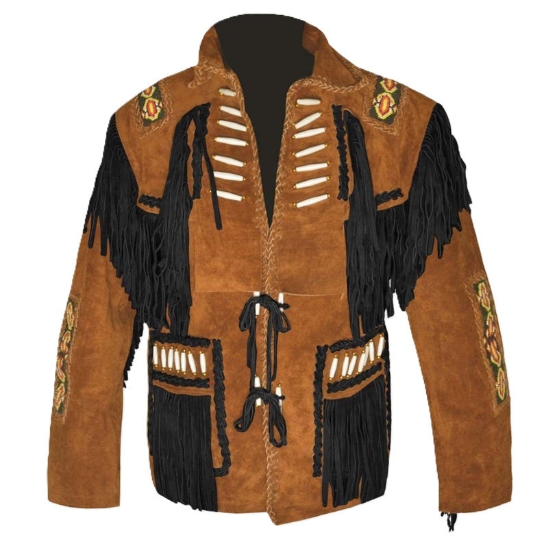 Men's Western Brown Suede Leather Fringes Bones Beaded Jacket MW839