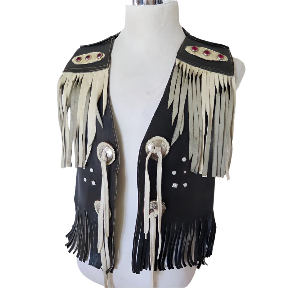 Cowgirl's Western Black Leather Stud White Fringe Vest CGV437