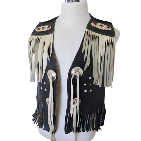 Cowgirl's Western Black Leather Stud White Fringe Vest CGV437