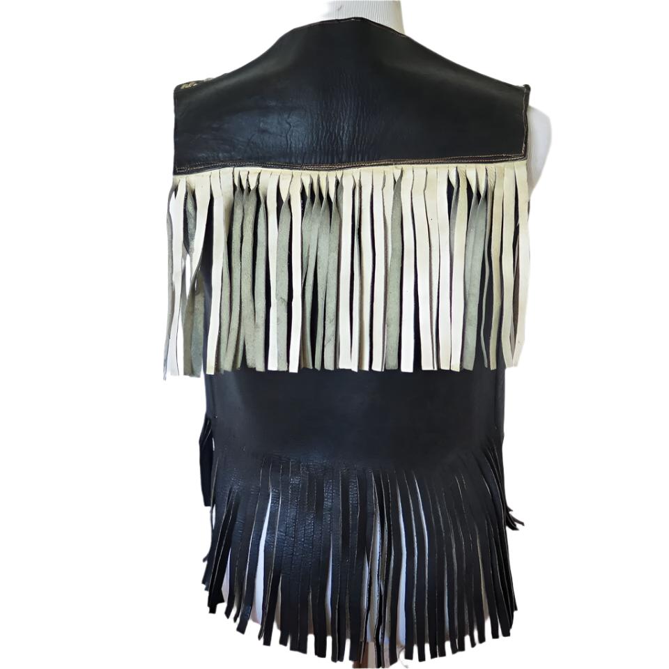 Cowgirl's Western Black Leather Stud White Fringe Vest CGV437