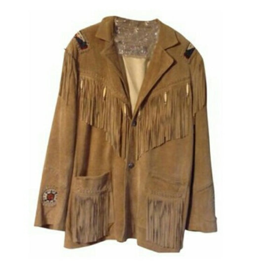 Men's Western Brown Suede Leather Fringes Beaded Jacket MW840