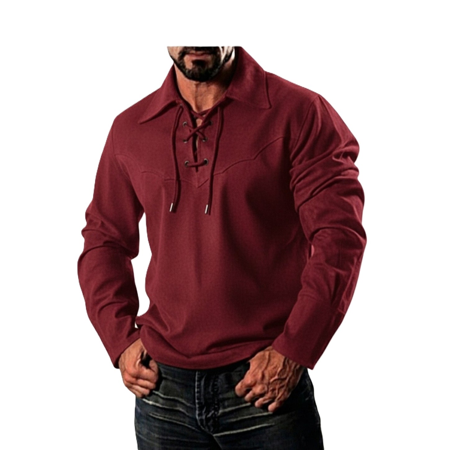 Man wearing a maroon long-sleeve shirt with lace-up details on a white background