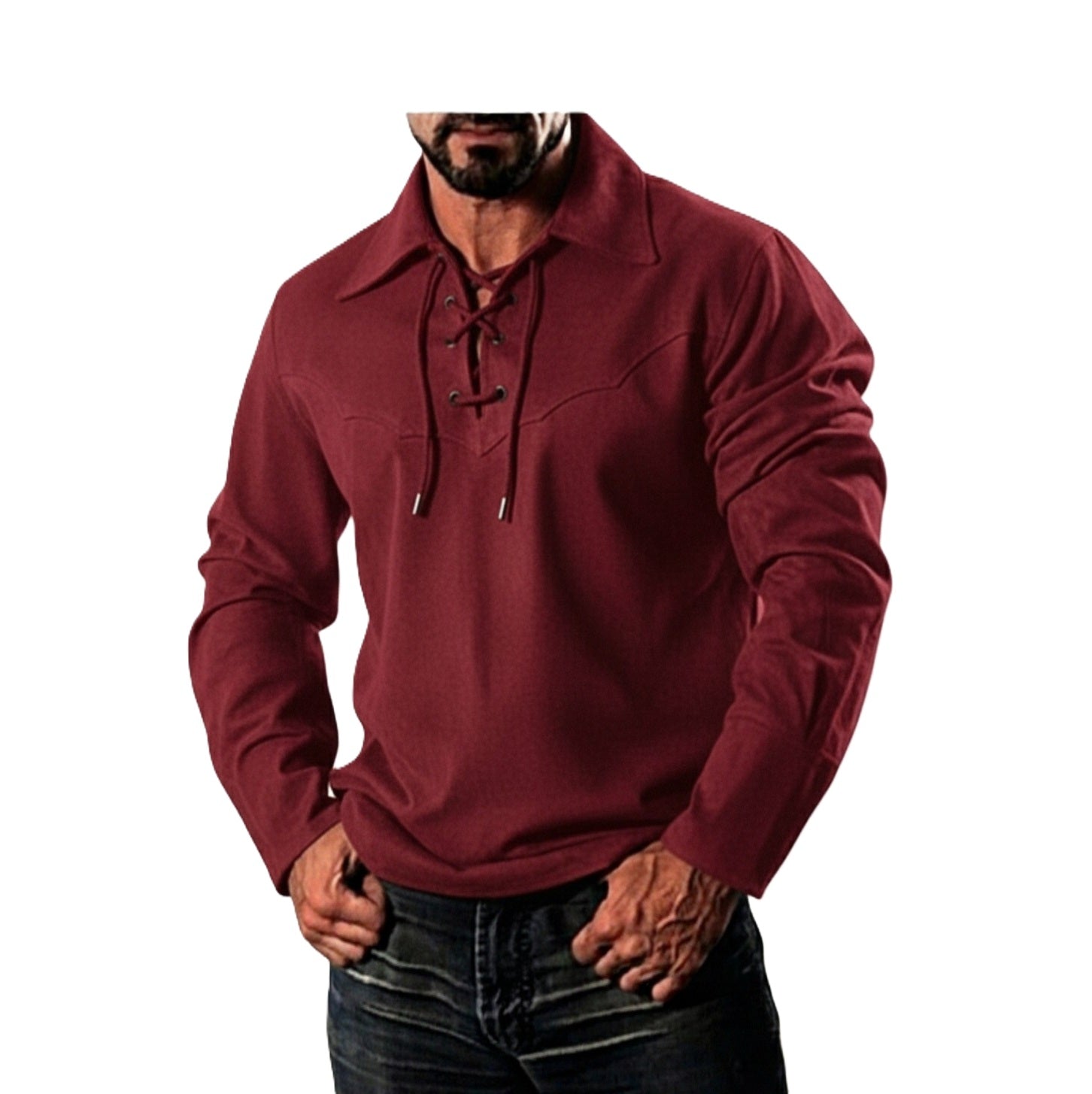 Man wearing a maroon long-sleeve shirt with lace-up details on a white background
