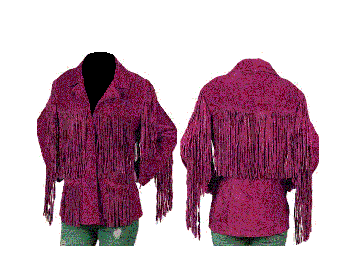 pink suede long fringe coat for woman
