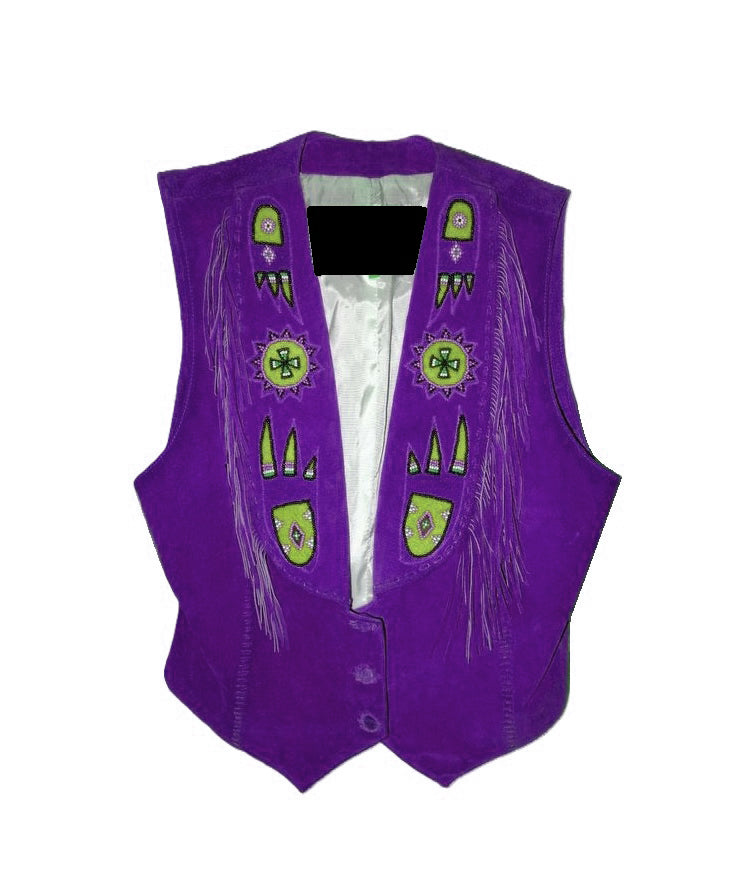 Black Suede Leather Fringe Paw Beaded Vest For Cowgirls CGV428