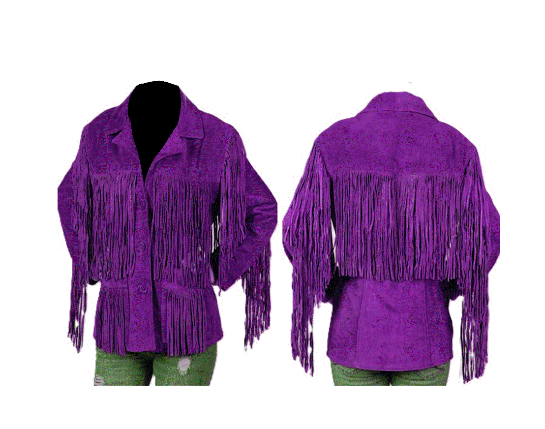 purple suede long fringe coat for woman