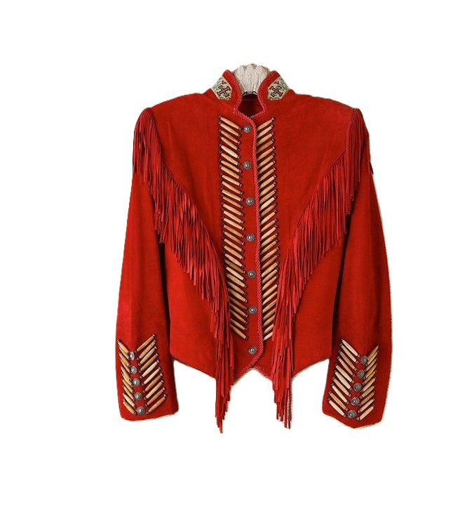 red suede fringe jacket with beads and bonework