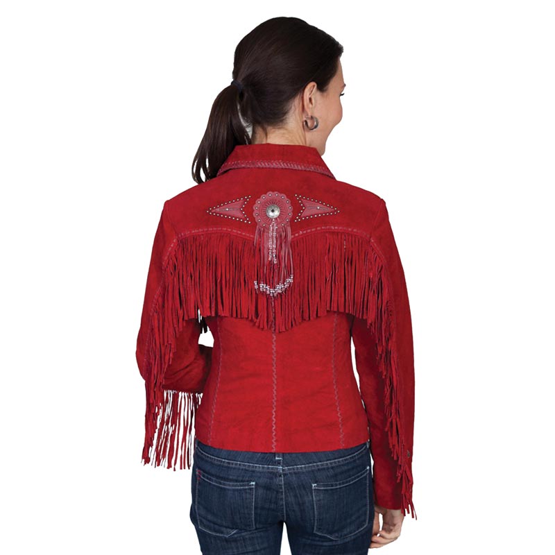 Red fringed jacket with decorative back panel on a white background