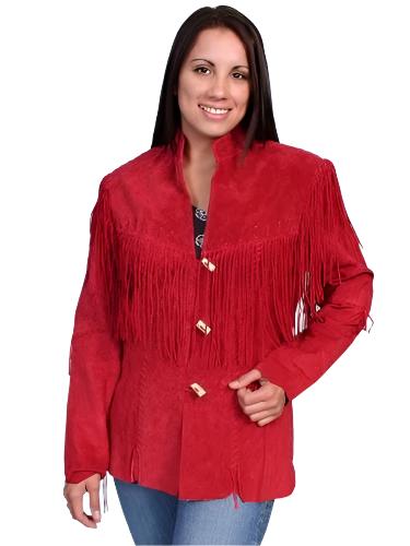 red suede leather coat with fringes for woman
