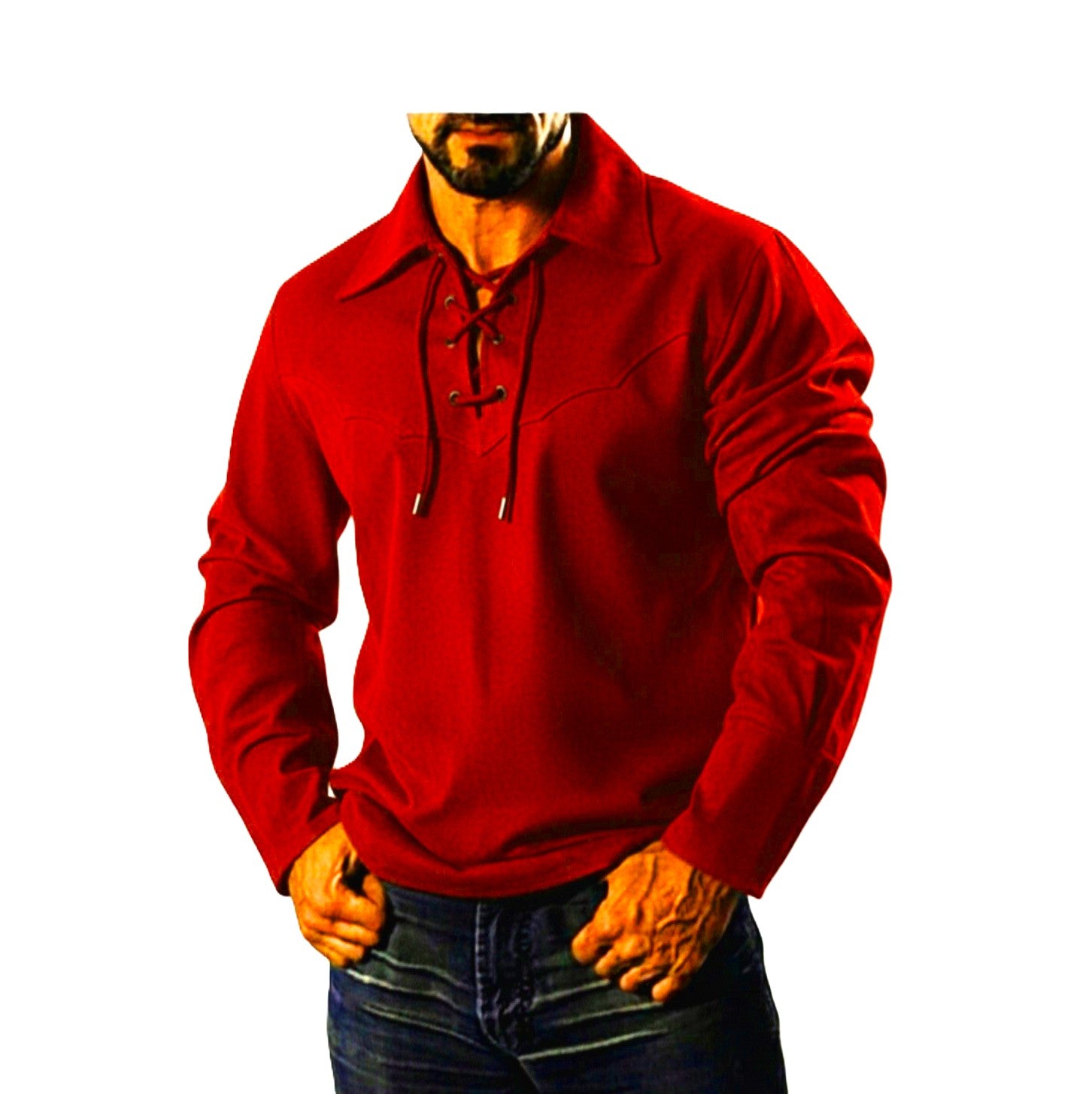 Man wearing a red long-sleeve buckskin shirt with a white background