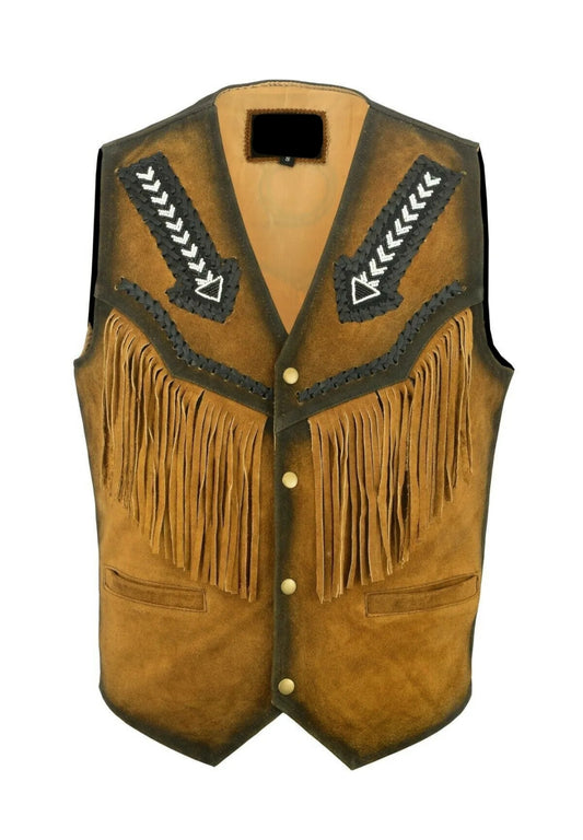 Men's Western Brown Suede Leather Fringes Beaded Vest MV501