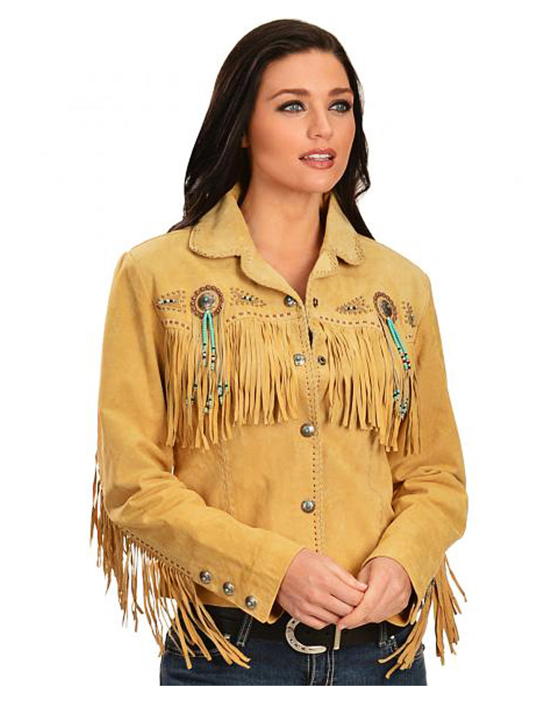 Woman wearing a mustard yellow fringed jacket with decorative elements on a white background