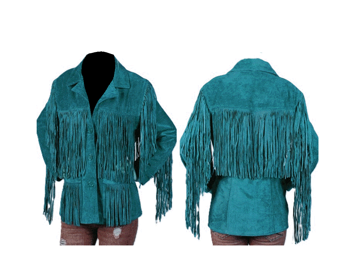 teal suede long fringe coat for woman