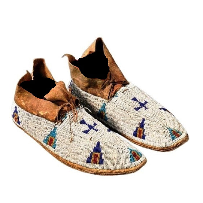 A pair of handmade beaded moccasins with blue and brown patterns, featuring hand-stitched thunder bird designs and beaded decorations.