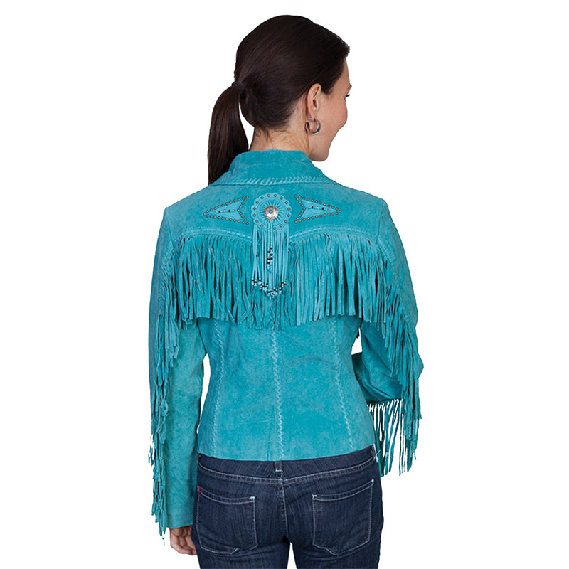 Turquoise fringed jacket worn by a person on a white background