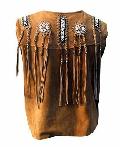 Men's Western Brown Suede Leather Fringe Beaded Vest MV517