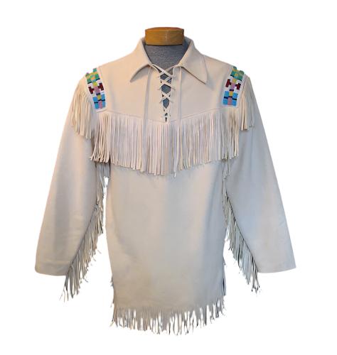 Men's Western White Buckskin Mountain Man Fringe Pullover Shirt MMS134