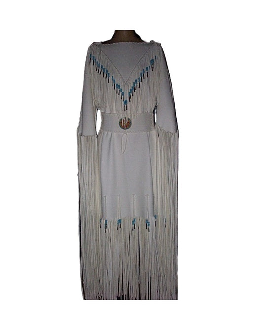 Native Women's White Leather Long Fringes Wedding Dress Powwow Regalia PWD106