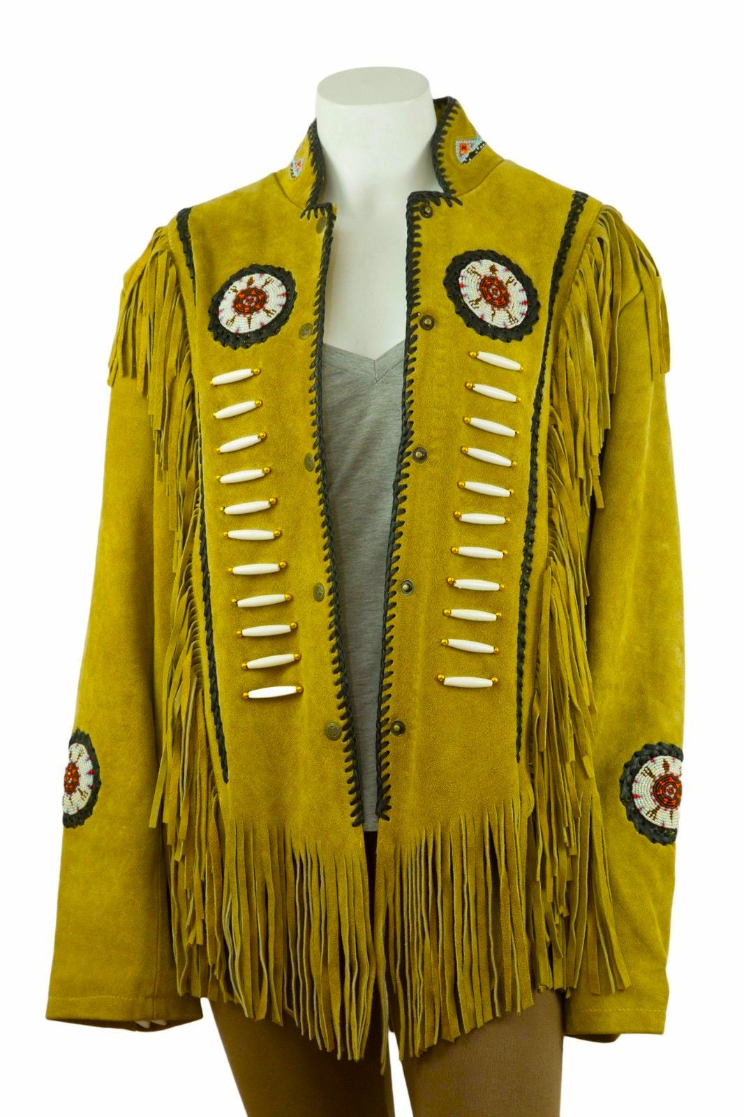 Black Suede Leather Fringe Beaded Jacket Coat For Women WWJ552